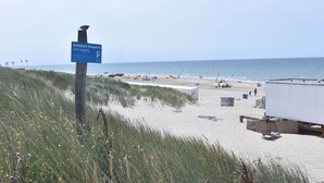 En strand med et skilt, der angiver et område med begrænset adgang.