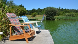 Een houten steiger met ligbedden aan een rustig water, omgeven door begroeiing.