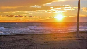 A sunset over the ocean with waves, a clear sky, and a palm tree. - Vineyard Villa in Montfrin (Montfrin)