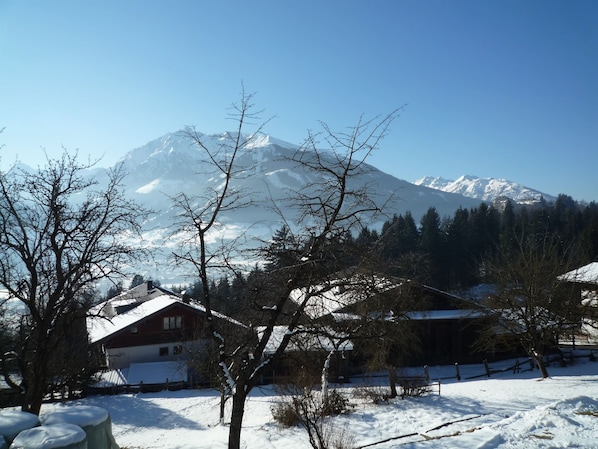 A snow-covered landscape with a mountain in the background, a wooden house, and leafless trees.