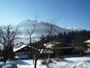 A snow-covered landscape with a mountain in the background, a few buildings, and leafless trees. - Spacious Apartment in Mittersill near Ski Area (Mittersill)
