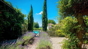A garden pathway leading to a pool, surrounded by tall cypress trees and lavender plants. - Beautiful Farmhouse With Private Pool (Perchede)