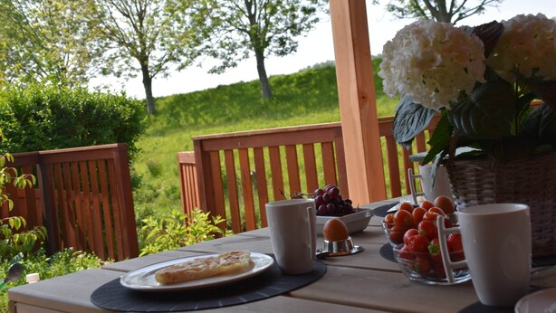 A table set outdoors with a plate of food, a bowl of grapes, and a vase of flowers. - Dike House in Schoondijke Near Beaches (Schoondijke)