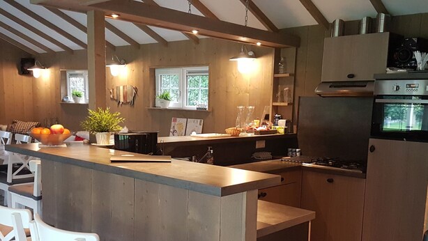 A kitchen with wooden cabinets, a central island with seating, and a built-in oven. - Houses Toger With Group Space in 't Vechtdal (Dalfsen)