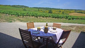 A table set outdoors with chairs, a bottle, plates, and a vase. - Villa in Conilhac With Private Terrace (Roquetaillade-et-Conilhac)