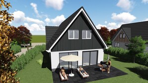 A modern house with a large garage, a patio with two sunbeds and a table, and a well-maintained lawn. - Holiday Home in Texel Near the Sea (De Koog)