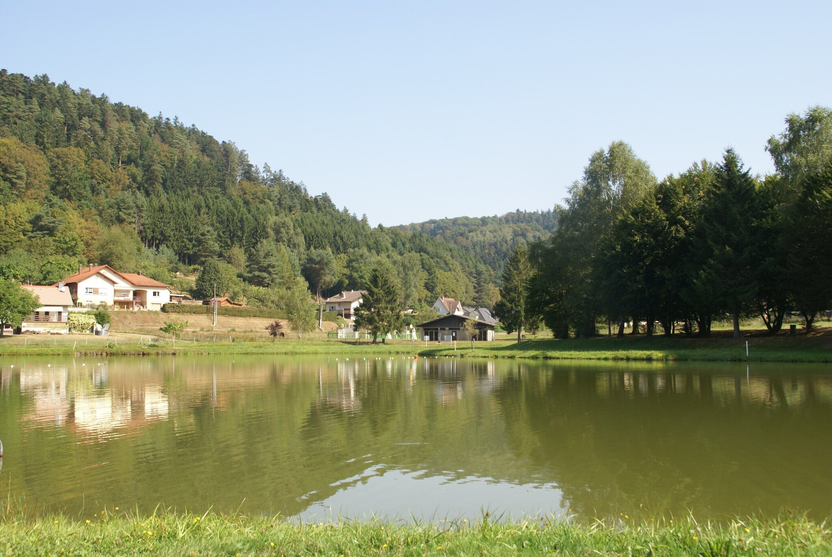 A serene lake with houses on the shore, surrounded by forested hills.