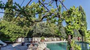 A pool area with a stone border, seating, and a pergola with vines. - Cottage in Oppede Amidst Vineyards (Oppede)