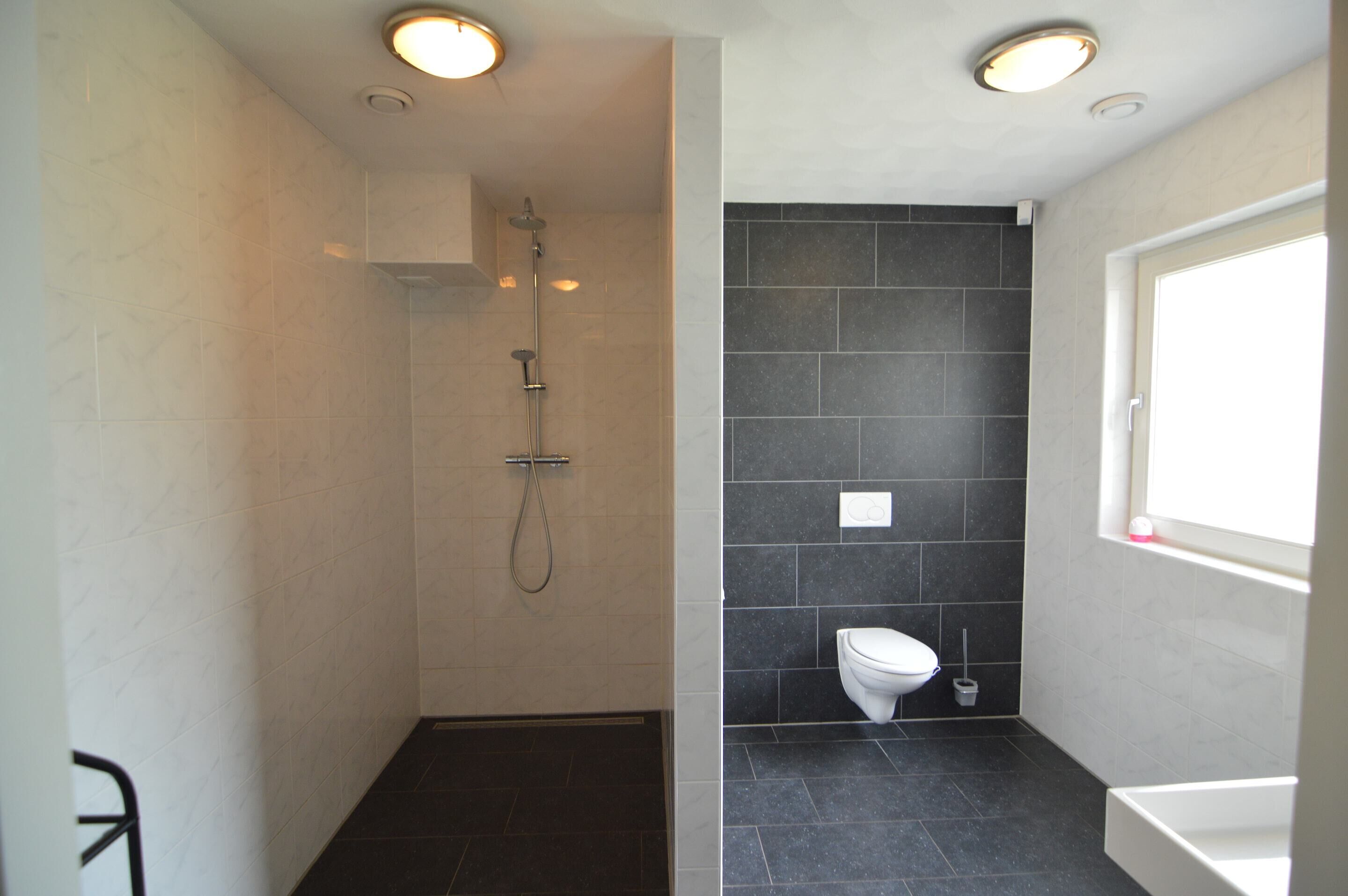 A bathroom with a shower, toilet, and bathtub.