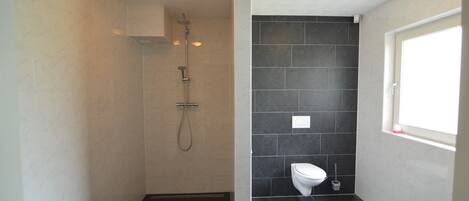 A bathroom with a shower, toilet, and bathtub.