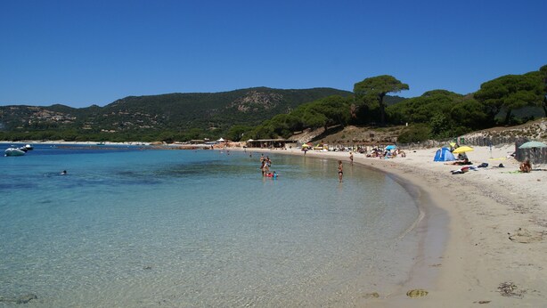 Une plage avec une eau cristalline, des gens qui se baignent et des tentes plantées dans le sable.
