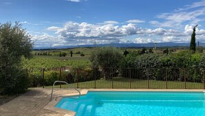 Una piscina con una escalera metálica, rodeada por una valla, y vistas a un paisaje verde con colinas y un cielo despejado.