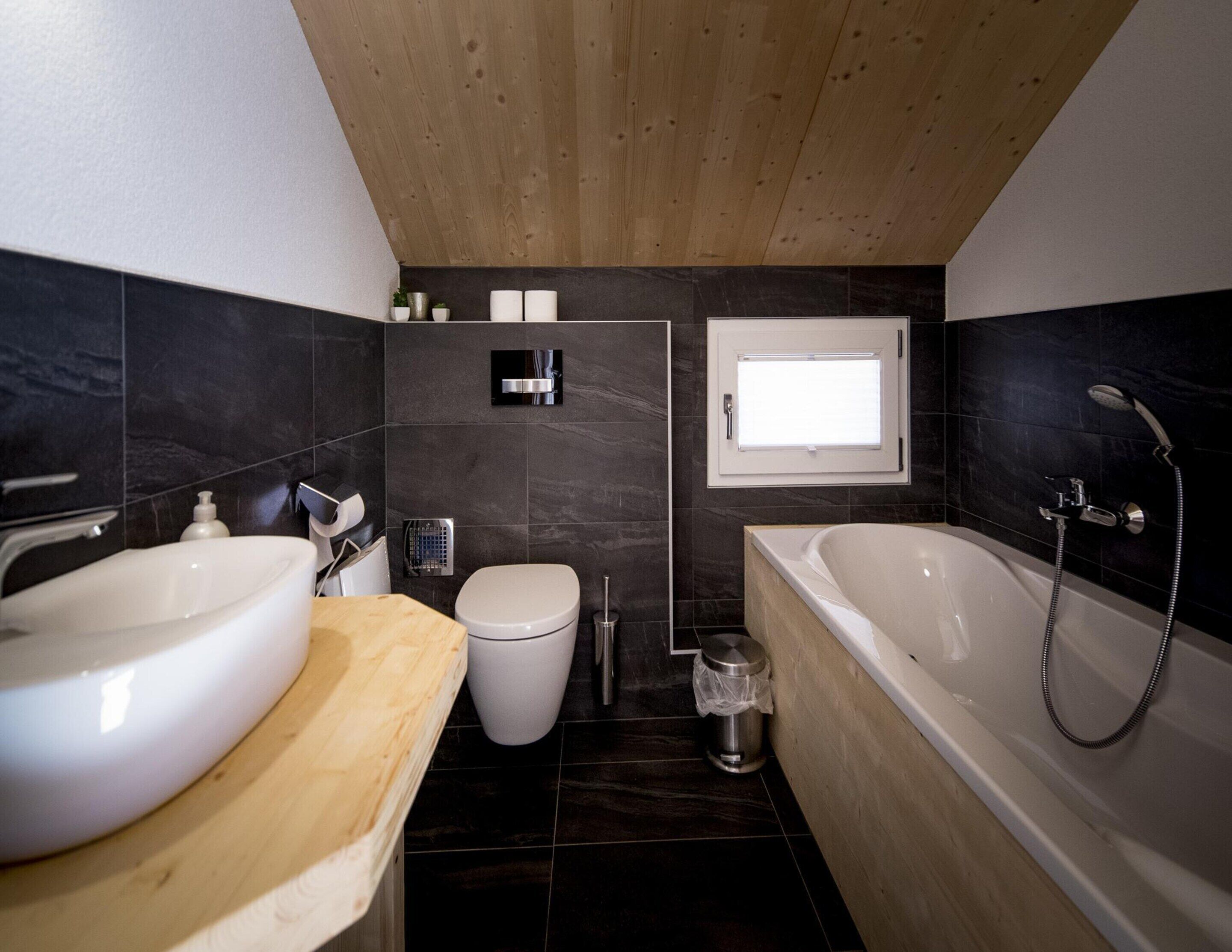 A modern bathroom with two sinks, a toilet, and a bathtub.