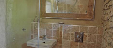 A bathroom with a shower, sink, and mirror.