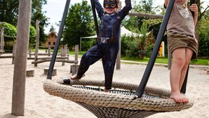 Children playing on a rope swing in a park. - Chalet in Sandberghe With Sunny Terrace (Uden)
