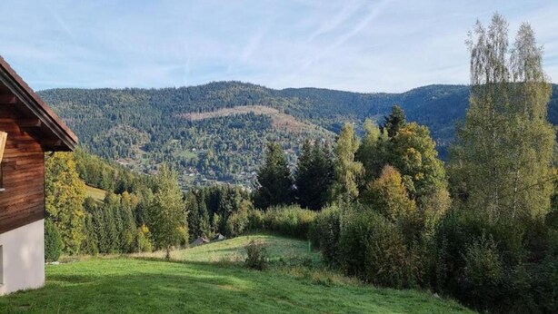 A wooden cabin with a view of a forested valley and hills. - Ventron Chalet With Hill Views (Ventron)