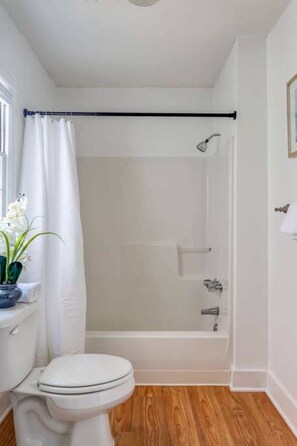 Bathtub, hair dryer, towels