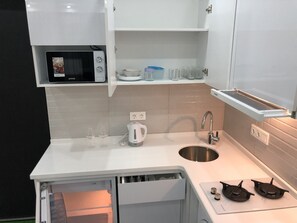 Kühlschrank, Mikrowelle, Wasserkocher, Kochgeschirr/Geschirr/Besteck