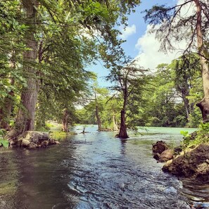 A serene river surrounded by dense foliage and trees.