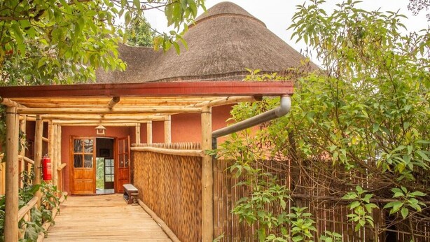 A wooden pathway leading to a building with a thatched roof, surrounded by greenery.