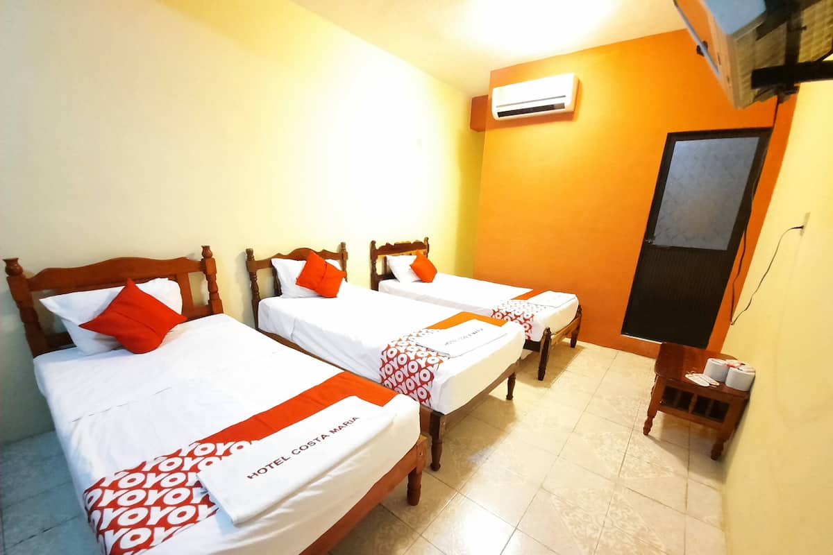 Habitación de hotel con dos camas, un equipo de aire acondicionado, una mesita con objetos y un espejo.