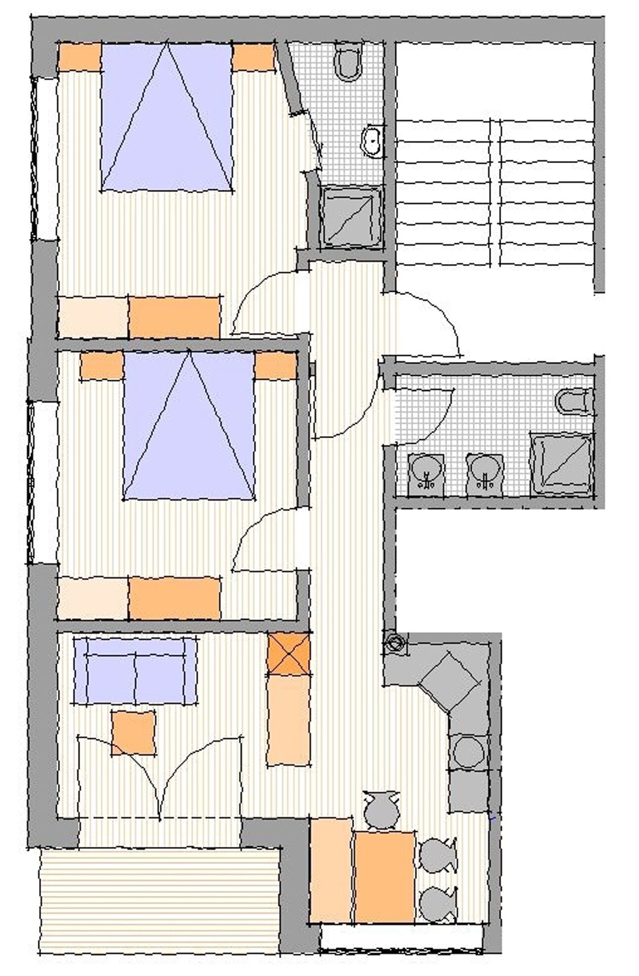 Un plan d’étage d’un hôtel comprenant plusieurs chambres, une salle de bain, une cuisine et un coin repas.
