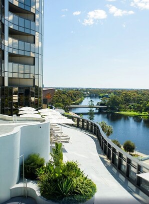 Una piscina al aire libre, sombrillas, tumbonas