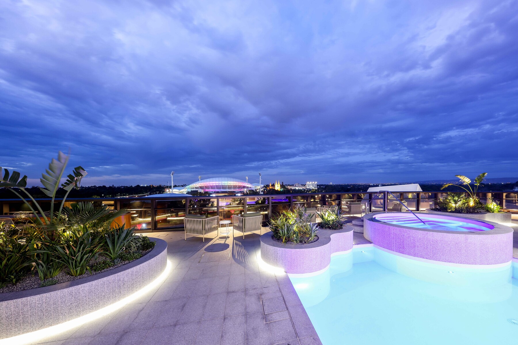 Outdoor pool, pool umbrellas, pool loungers