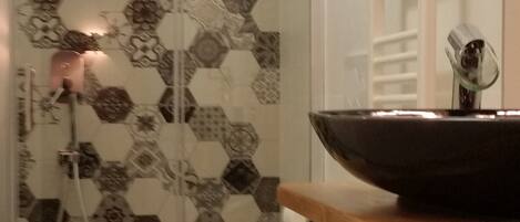 Shower, hair dryer, bidet, towels