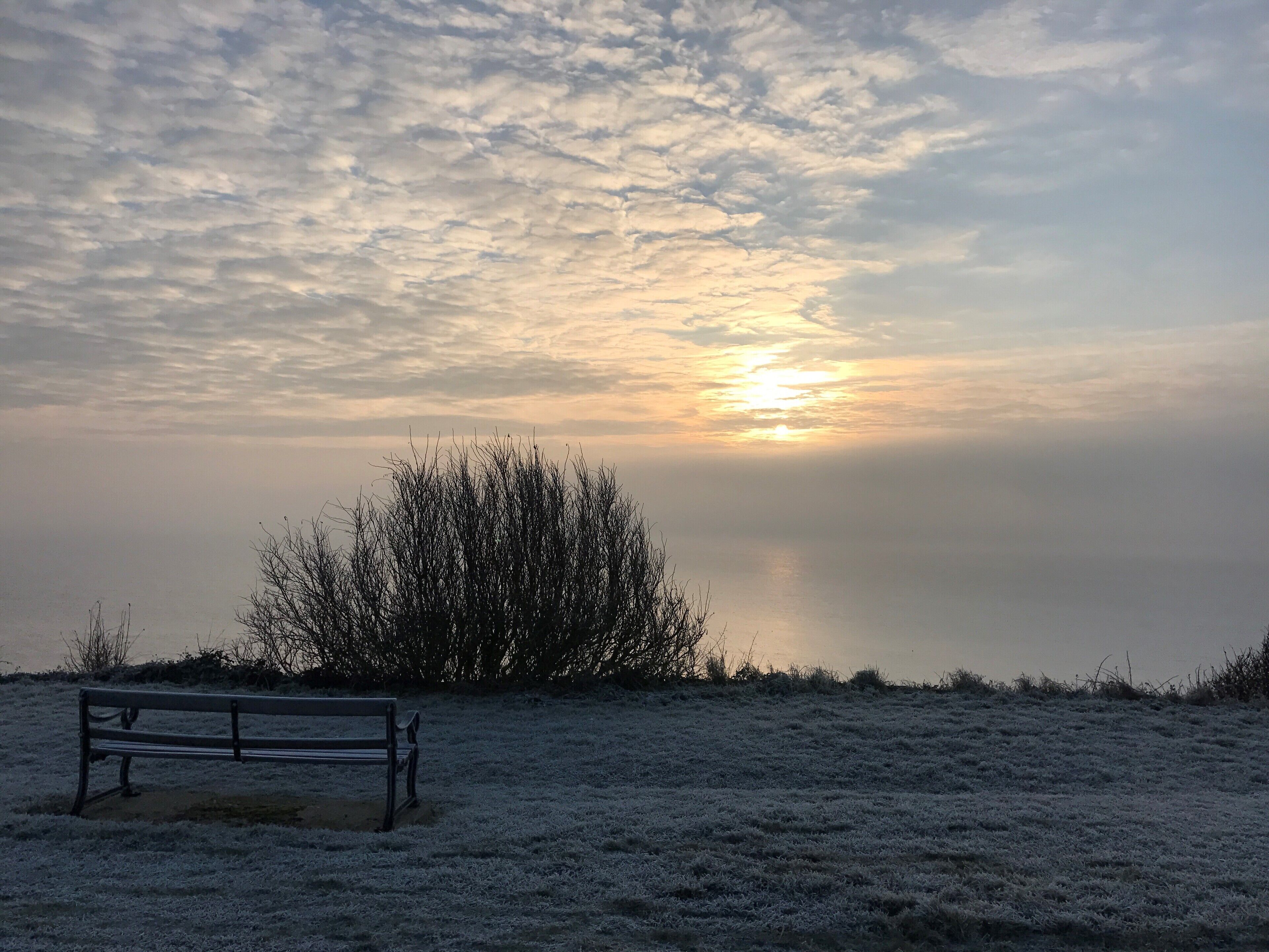 A bench in a frosty field with a sunset in the background.