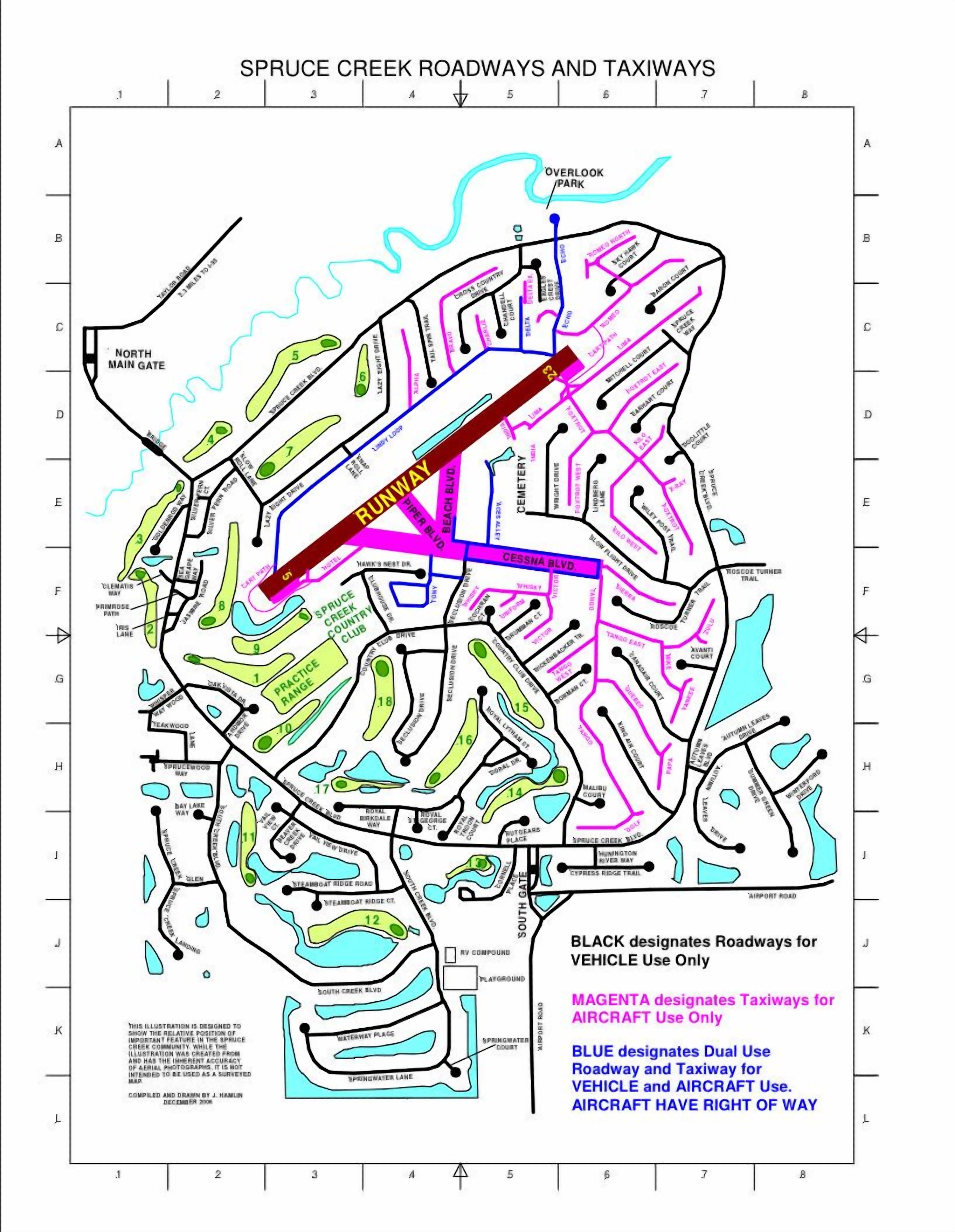 Mapa de las vías y calles de Spruce Creek con zonas designadas para vehículos, aeronaves y uso mixto.