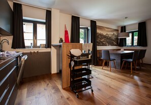 Fridge, microwave, dishwasher, coffee/tea maker