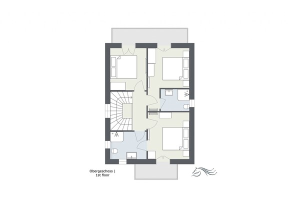 A floor plan of Obergeschoß 1st floor with a central staircase, multiple bedrooms, bathrooms, and a kitchen area. - 4516 Alpin 16 (St. Gallenkirch)