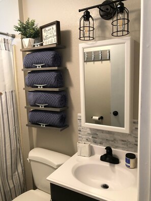 Combined shower/bathtub, hair dryer, towels, toilet paper