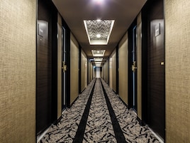 Un pasillo de hotel con pisos alfombrados, puertas a ambos lados y una lámpara de techo con diseño.