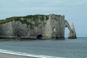 A coastal cliff with a natural arch formation. - Chateau de Janville (Paluel)