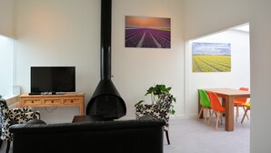 Una sala de estar con chimenea, televisor, zona de comedor con sillas y dos cuadros en las paredes.