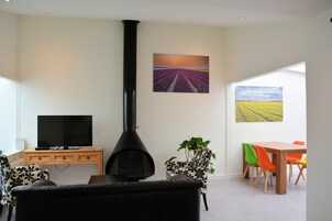 Una sala de estar con chimenea, televisor, zona de comedor con sillas y dos cuadros en las paredes.