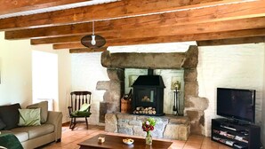 Ein gemütliches Wohnzimmer mit Kamin, einer Couch, einem Couchtisch und einem Fernseher.