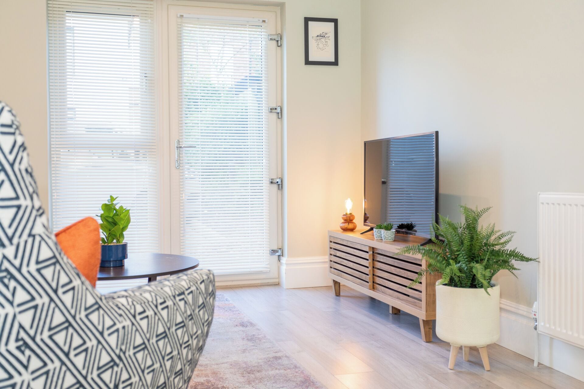 A modern living room with a sofa, a coffee table, a TV, and a cabinet with decorative plants.