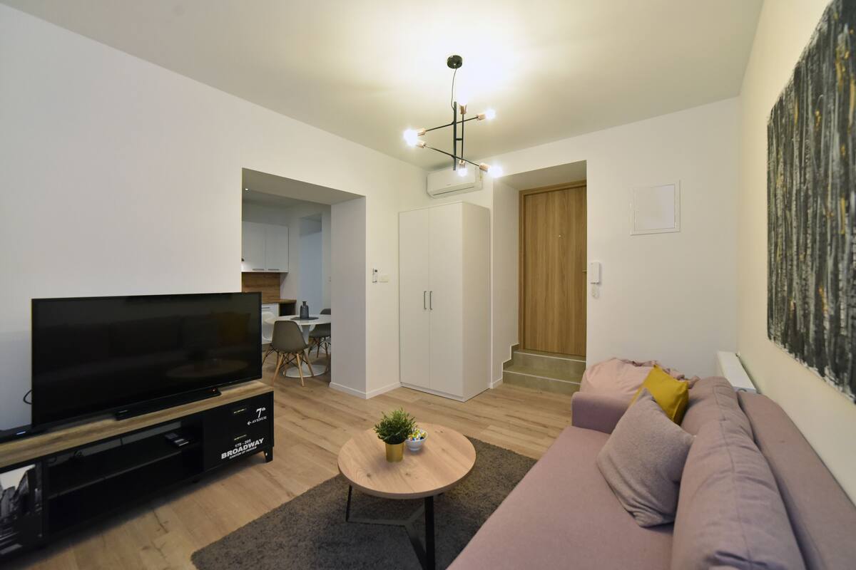 Ein modernes Wohnzimmer mit Flachbildfernseher, Couchtisch mit Pflanze, einer gepolsterten Couch und einer Treppe, die in einen anderen Raum führt.