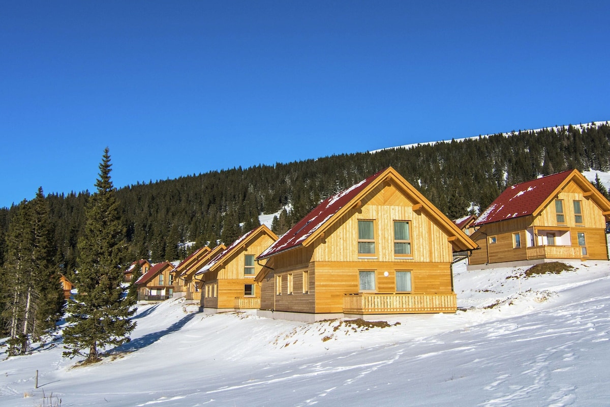 A row of wooden cabins with red roofs, set against a snowy mountain backdrop.