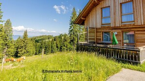 A wooden cabin with a porch, surrounded by a forest and a clear sky. - Chalet in Carinthia With Sauna Near Ski Slopes (Frantschach-Sankt Gertraud)
