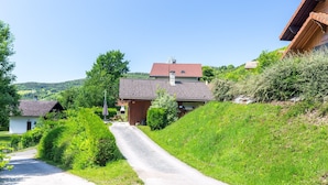 A rural road leading to a house with a red-tiled roof, surrounded by greenery and hills. - Chalet in Lotharingen Near Forest & Ski Lift (La Bresse)