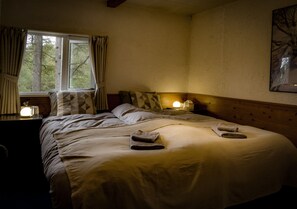 A cozy bedroom with a large bed, a bedside table with a lamp, and a window with curtains.