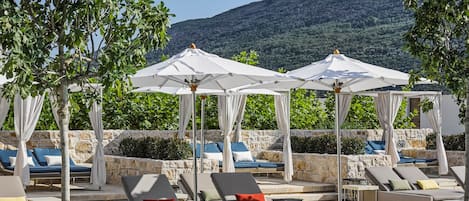 Seasonal outdoor pool, pool umbrellas, pool loungers