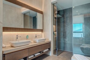 Room, 1 King Bed, Accessible, Sea View (3 Bedrooms - Castelnuovo Sea View) | Bathroom | Rainfall showerhead, designer toiletries, hair dryer, bathrobes - Portonovi Resort (Kumbor)