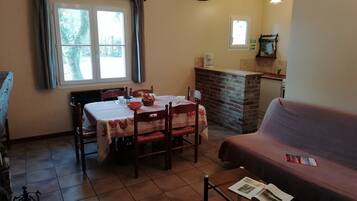 A dining area with a table set for two, a brick fireplace, a sofa, and a window with curtains.