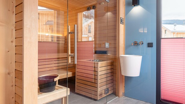 A sauna room with wooden walls, a glass door, and a sink.
