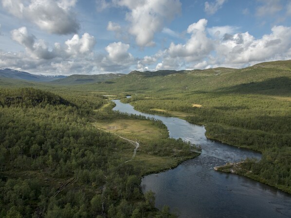 A river winding through a forested valley with hills in the background.